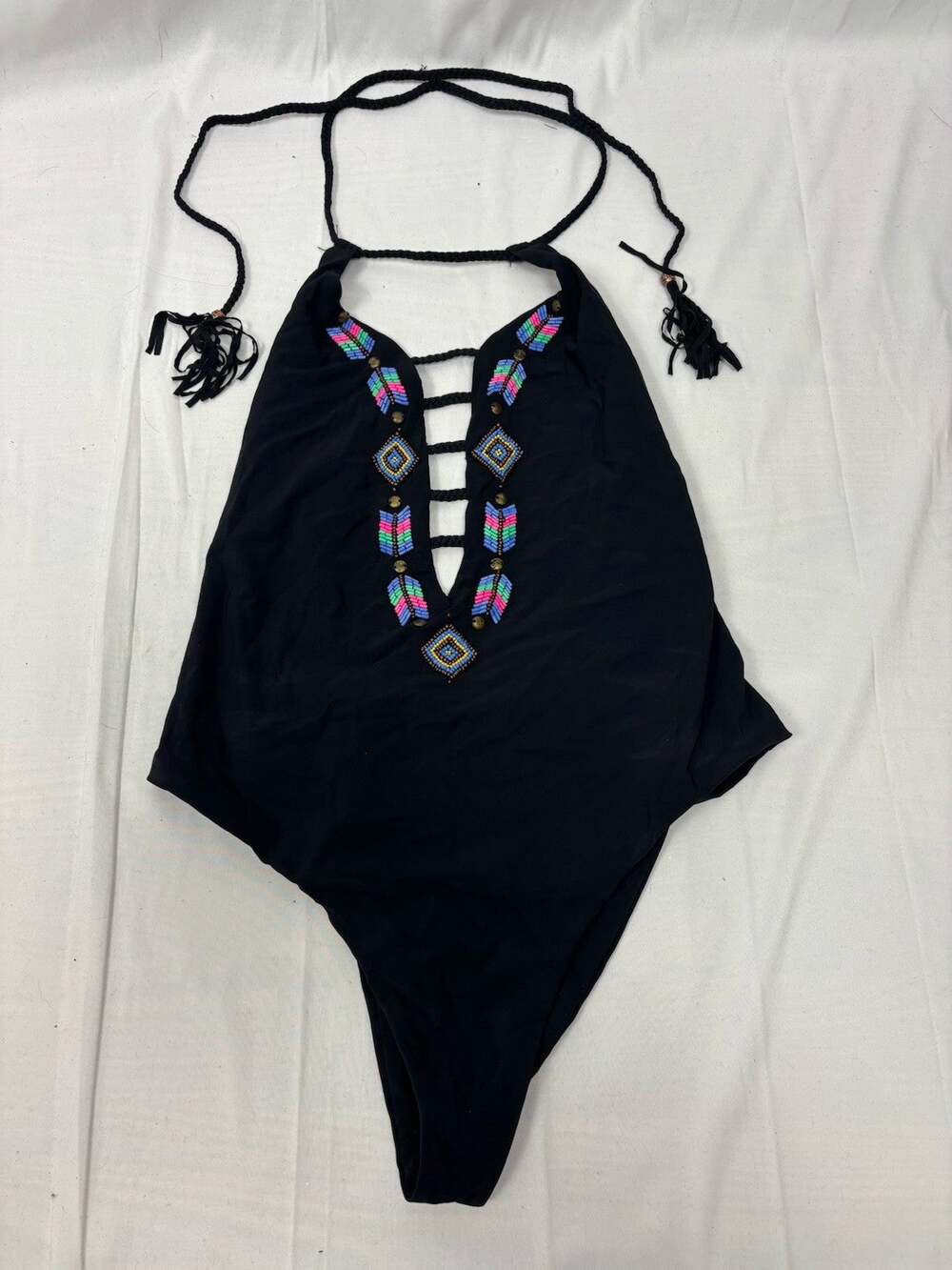 Eco Peace Black One Piece Bathing Suit Boho Beaded Cut Out Halter Women’s Size L